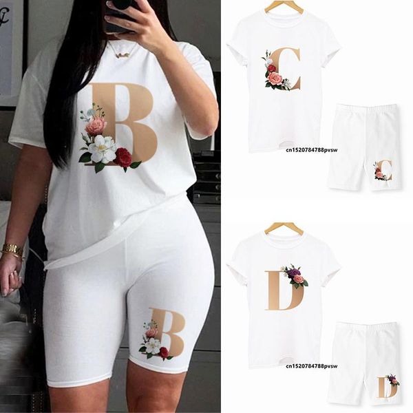 

custom name letter combination women print t shirts and shorts set summer flower two piec outfit for girl,drop ship women's t-shirt, White