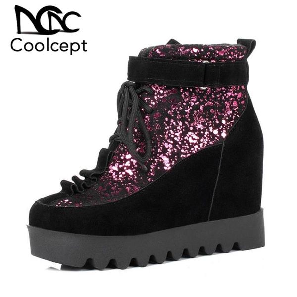 

boots coolcept size 31-43 women half short high wedges inside heel shoes platform warm botas footwears, Black