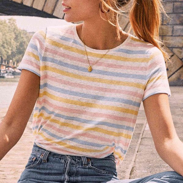 

t shirt multicoloured stripes t-shirt women short sleeve o neck linen casual shirts summer vintage tees, White