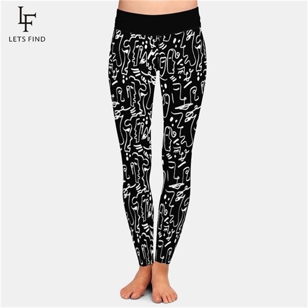 

letsfind high quaility 3d abstract geometry print women pant fashion waist plus size fitness soft stretch leggings 211218, Black