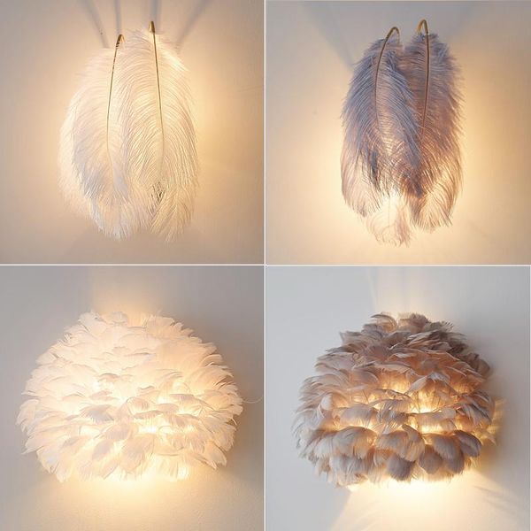 

nordic bedside lamp bedroom led wall modern simple girl princess room warm romantic creative personality feather lighting