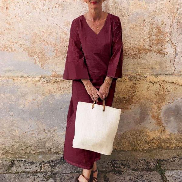 

casual long sleeve dress women 2021 v neck solid color baggy cotton maxi dresses vonda plus size bohemian vestidos, Black;gray