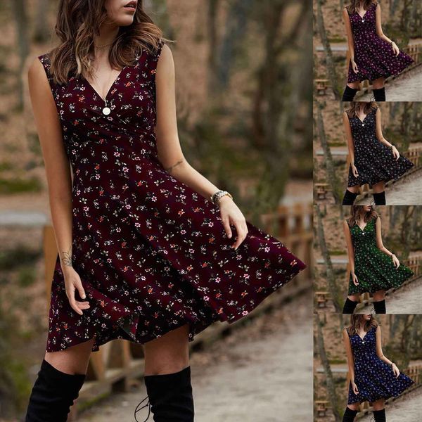 

summer casual fashion flowers womens dresses sleeveless v neck all match plus size women clothing vintage strap, Black;gray