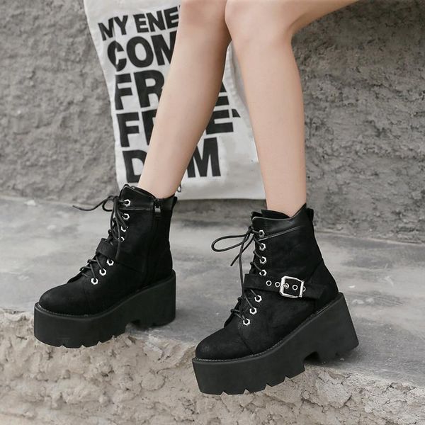 

boots black womens gothic shoes winter lace up platforms buckle strap wedges anke briker combat punk goth for women 39