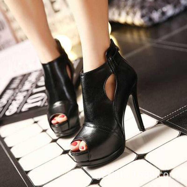 

sandals thick bottom fish mouth shoes women's hollow out high heel boots, Black