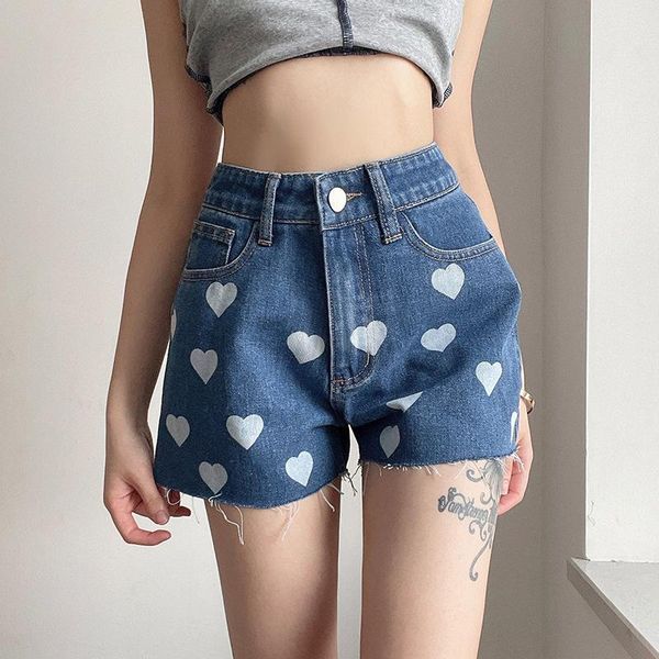 

women's shorts summer denim 2021 fashion heart printing high waist casual loose women vintage slimming jeans short cowgirl, White;black