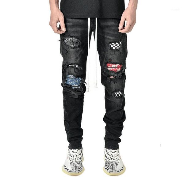 Homens jeans homens roupas vintage hiphop streetwear afligido preto branco verificado médio imprimir efeito casual alta moda jean pants1
