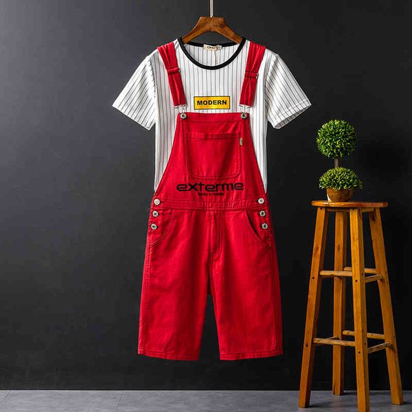 

pantretro tide korean slim couple embroidered denim shorts men's overalls, Black