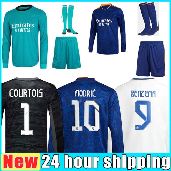 

madrid long sleeve soccer jerseys alaba camavinga valverde rodrygo courtois goalkeeper asensio marcelo modric hazard benzema 21 22 football, Black;yellow