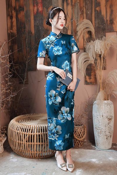 

ethnic clothing autumn women short sleeve printed satin long qipao elegant orientale mandarin collar cheongsam oversize 4xl, Red