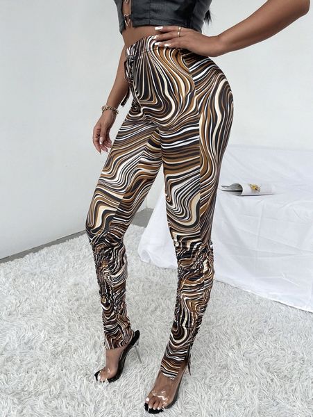 

allover print tie front slit hem stacked pants 56uf#, Black;white