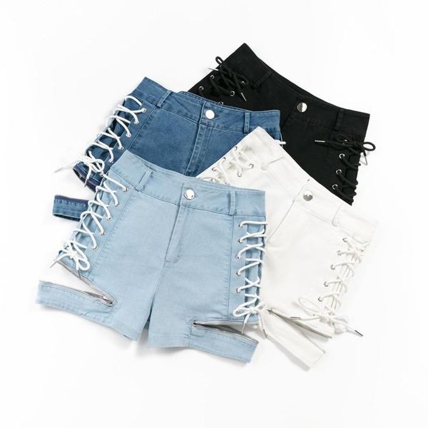

women's shorts y2k high waist women denim shortss summer cross bandage zipper female jeans elastic cotton a line korean jean 2021, White;black
