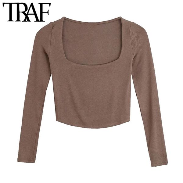 

traf women fashion fitted cropped ribbed knitted t-shirt vintage square collar long sleeve female mujer 210708, White