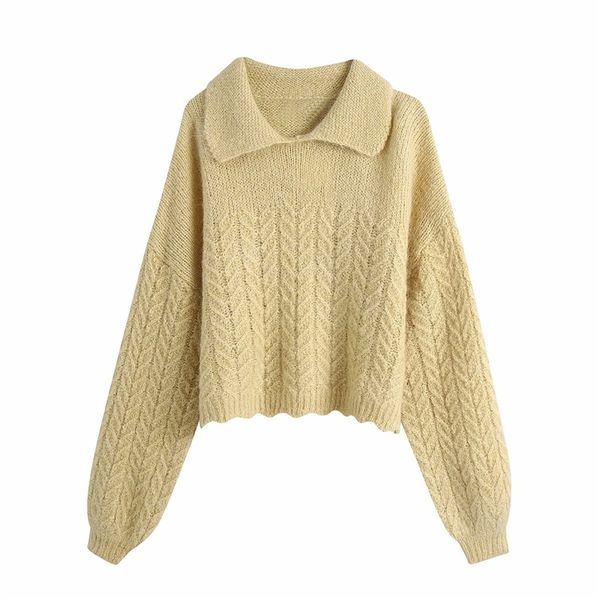 

elegant women turn down collar sweaters fashion ladies yellow short knitted causal female sweet loose pullover 210427, White;black