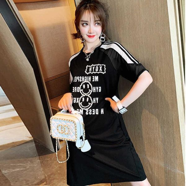 

summer women's short sleeved dress new letter printing multifunctional nail bead black skirt, Black;gray
