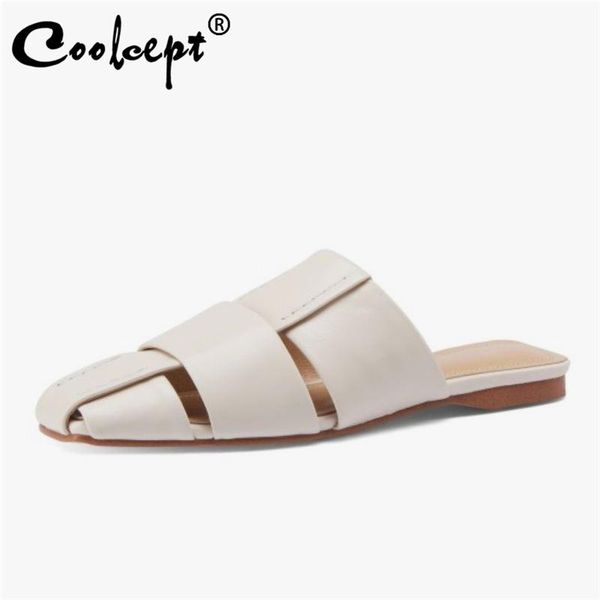 

sandals coolcept size 31-43 women flat shoes real leather square toe fashion sweet for daily footwear, Black