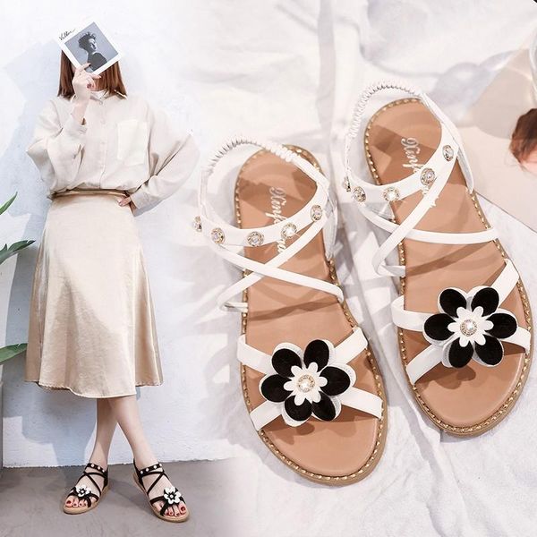 

slippers jaylay women slip-on sandals house casual non-slip breathable soft bottom shoes bandaged buckle floral, Black