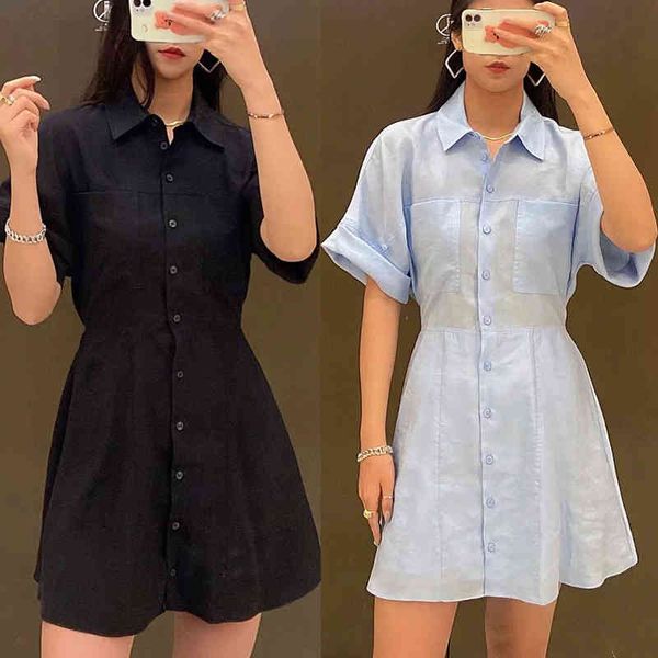 

casual dresses 2021 spring woman fashion solid color turn-down collar ladies slim vestidos single breasted mini dress pf6d, Black;gray