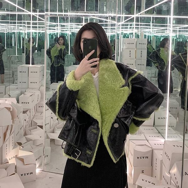 

pu leather thick big size jacket lapel long sleeve women coat winter short parkas vintage casual outerwear, Black