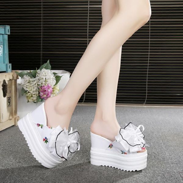 

korean female slippers student muffin thick-soled fashion bow super high with 12 cm, Black