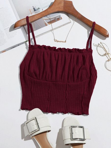 

frill trim ruched front rib-knit cami u1zw#, White