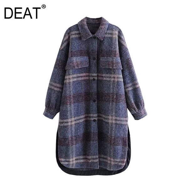 

women's wool & blends [deat] 2021 fashion tide long sleeve lattice turn-down collar single-breasted loose woolen cloth women;s coat 13w, Black