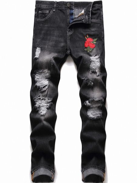 

men floral embroidery ripped jeans t8li#, Blue