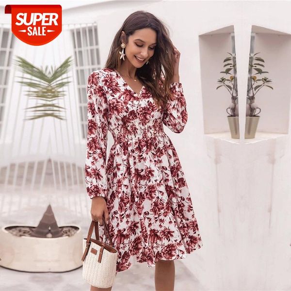 

2021 Ladies New Spring Summer Printed Waist Slim Long Sleeve V Neck Dresses Women's Fashion Big Floral Causal Long Pleated Dress #Ee3I, White;black