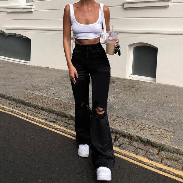 

women's pants & capris womens loose fit jeans ripped wide leg for women high waist blue wash casual cotton denim trousers summer baggy, Black;white