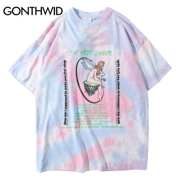 Gonthwid Angel Rose Print Tie Dye T-Shirts Streetwear Sommer Männer Mode Hip Hop Casual T-Shirts Harajuku Kurzarm Tops 210629