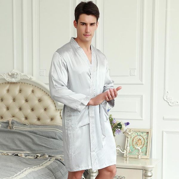 

men's sleepwear 2021 spring summer mulberry silk pajamas men kimono robe male fashion cardigan pijama home clothes nightgown trend, Black;brown
