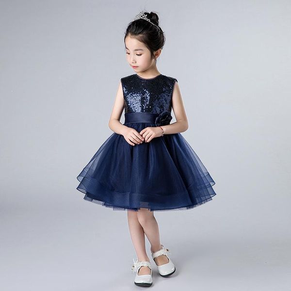 

girl's dresses flower girls illusion sleeveless o-neck sequined tulle lace knee-length luxury navy blue kids party princess gown f554, Red;yellow