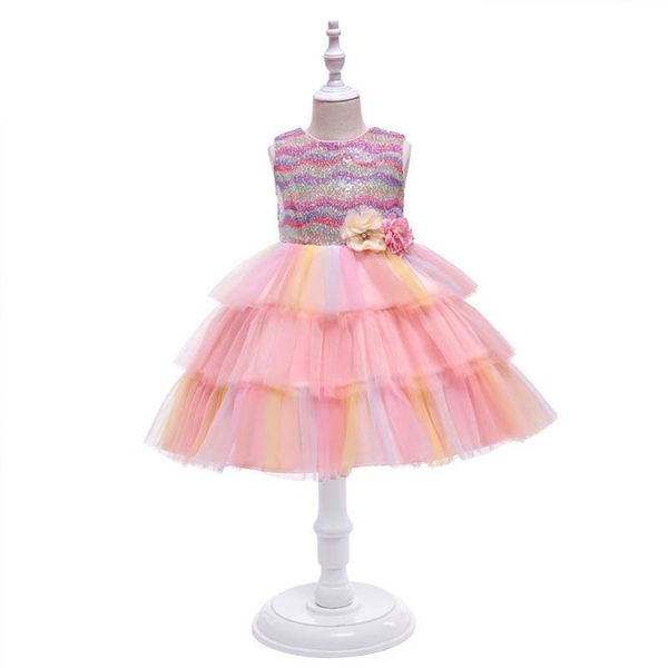 

girls dresses kids clothes children clothing cake skirt flower princess tiered skirts birthday party sequin dress ball gown b8224, Red;yellow