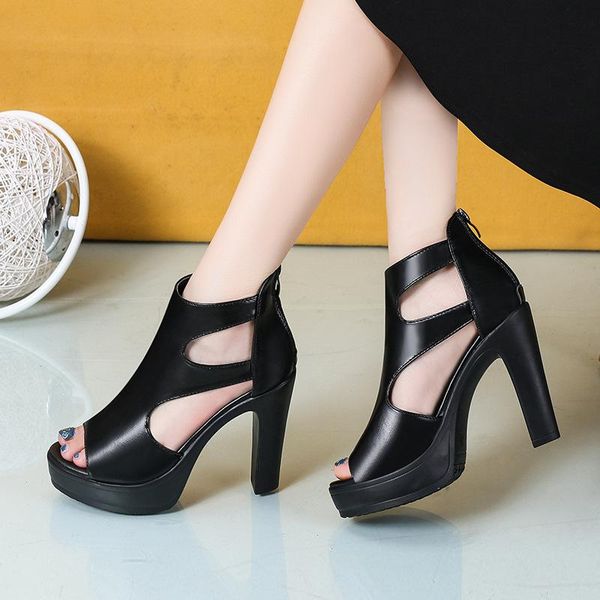 

dress shoes spring summer fish mouth hollow roman sandals thick with word beaded high heels female u23-16, Black