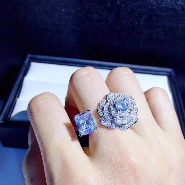 

cluster rings rose flower ring 925 sterling silver with cubic zircon fine women jewelry adjustable size cocktail, Golden;silver
