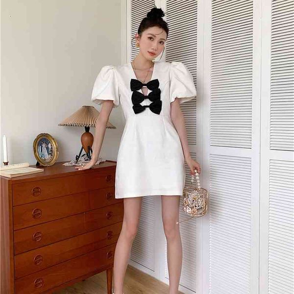 

casual dresses white puff sleeve deep v neck korean ladies evening kawaii bow short a line tunic mini dress outfits g8bj, Black;gray