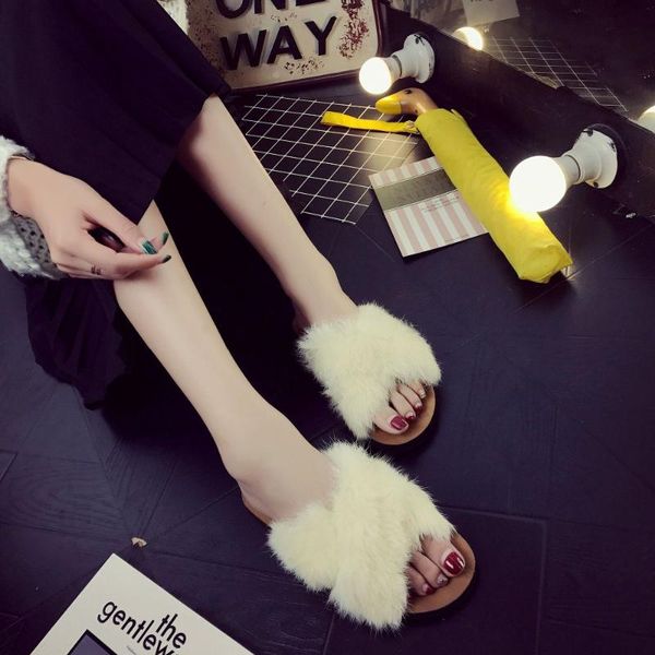 

slippers fur women 2021 sliders casual cross flat fluffy fashion home summer spring autumn indoor furry flip flops shoes black