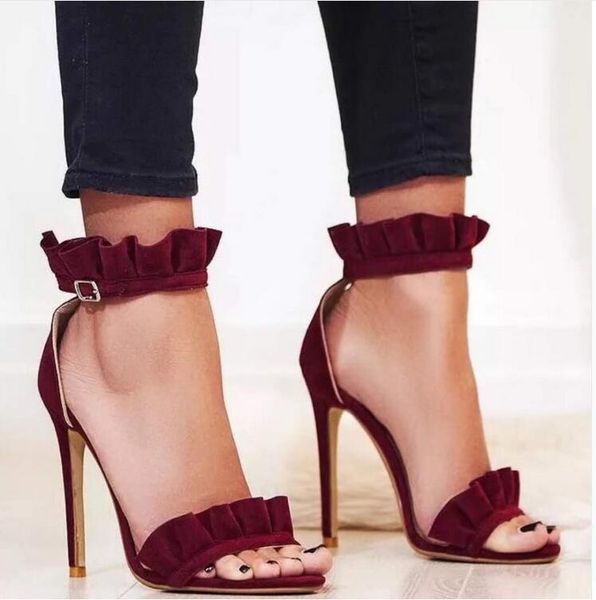 

designer shoes pu leather high heels sandals summer ankle strap thin heel ladies party plus size 45 dress, Black