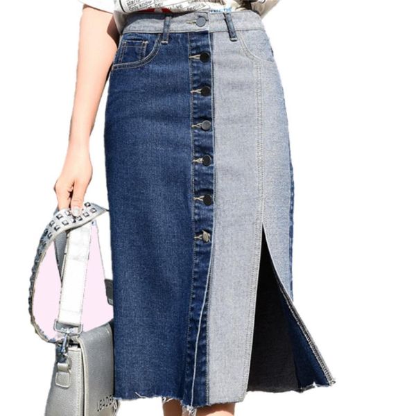 

skirts plus size 3xlspring summer patchwork denim skirt women high waist package hip single breastd jeans, Black