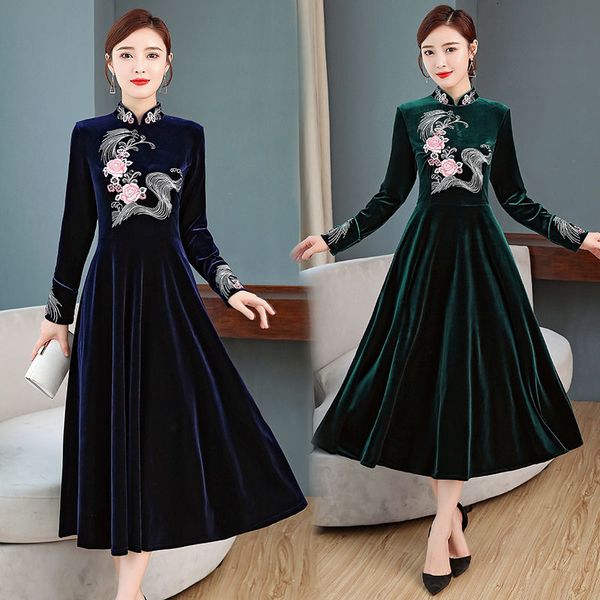 

elegant winter women embroidered in velvet dress party long bathrobe chinese-style cheongsam designer dresses f2119 ve1m, Black;gray