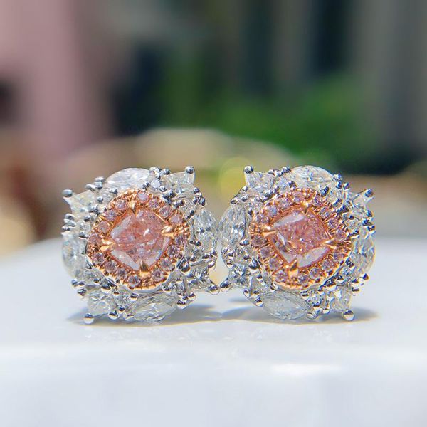 

stud female exquisite earrings luxury shiny pink white zircon geometric square piercing jewelry for wedding valentine's day gift, Golden;silver