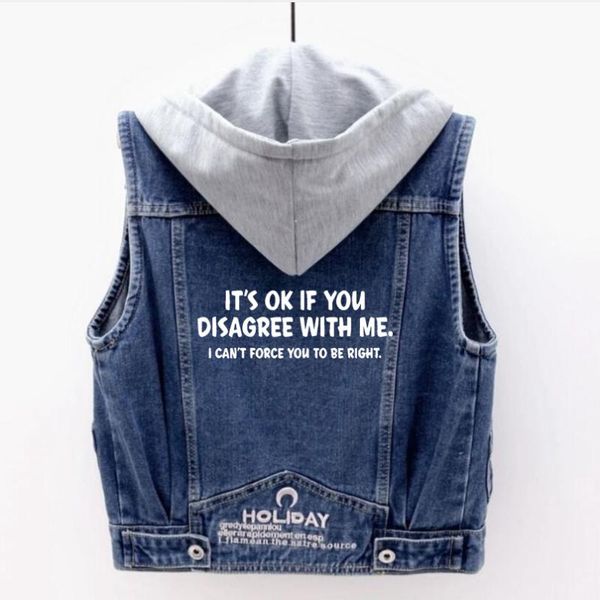 

women's vests its ok if you disagree with me funny oversized vest women detachable hooded side pockets sleeveless jeans jacket female, Black;white