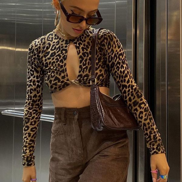 

women's t-shirt women hollow out t-shirts long sleeve front open cut crop bodycon leopard print t-shirt club streetwear, White