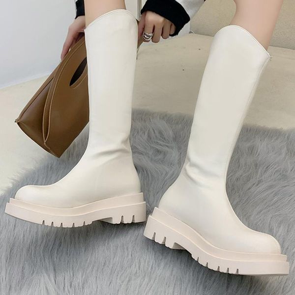 

boots 2021 autumn pu leather thick heel fashion round head women's casual back zipper long tube high, Black