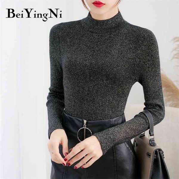 

autumn winter fashion sweaters womens leisure harajuku streetwear turtleneck woman pullover lurex clothes 210506, Black