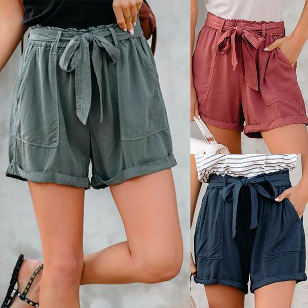 

women's shorts summer soild color cotton lace-up high waist short bottoms ladies' fashion casual straight pants d30, White;black
