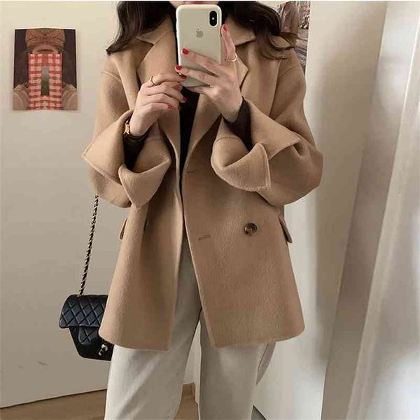 

winter women elegant solid short wool coats ladys double breasted warm outerwears female long sleeve streetwears 210517, Black