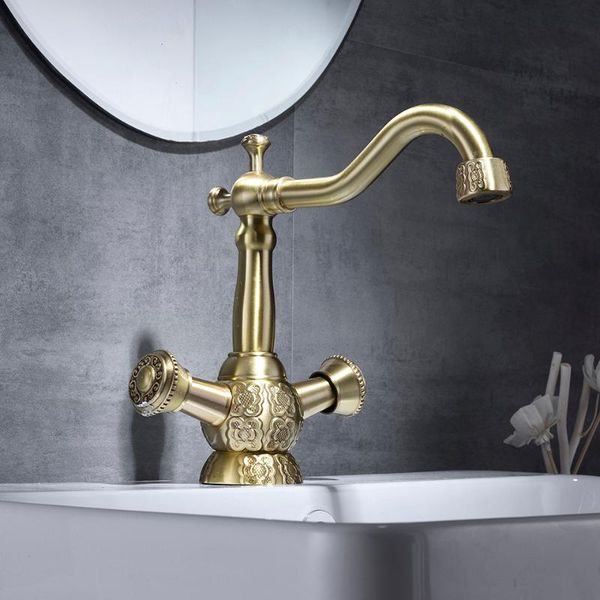 

bathroom sink faucets basin faucet antique brass finish 360 degree swivel dual handle vintage carving washbasin mixer taps wc tap
