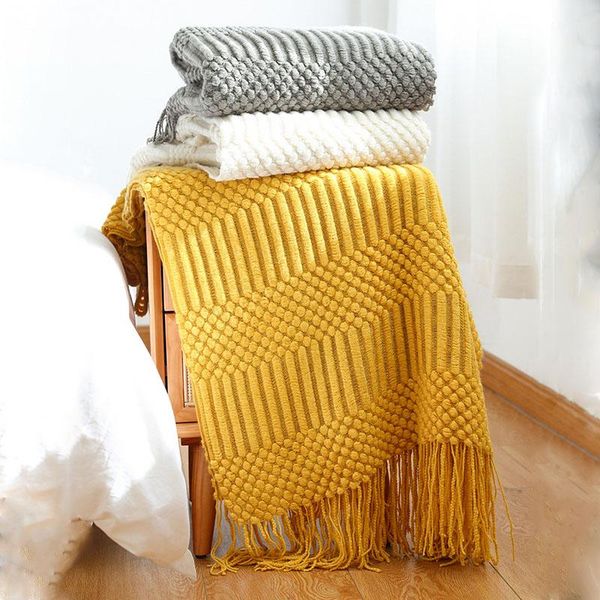 

blankets nordic knitted tassels sofa blanket solid color geometry siesta shawl el bed end decor soft tv scarf