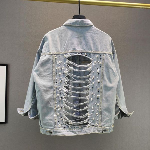 

women's jackets autumn 2021 plus size heavy work pearl beading hole denim jacket women loose long sleeve casual jaqueta feminina cowboy, Black;brown